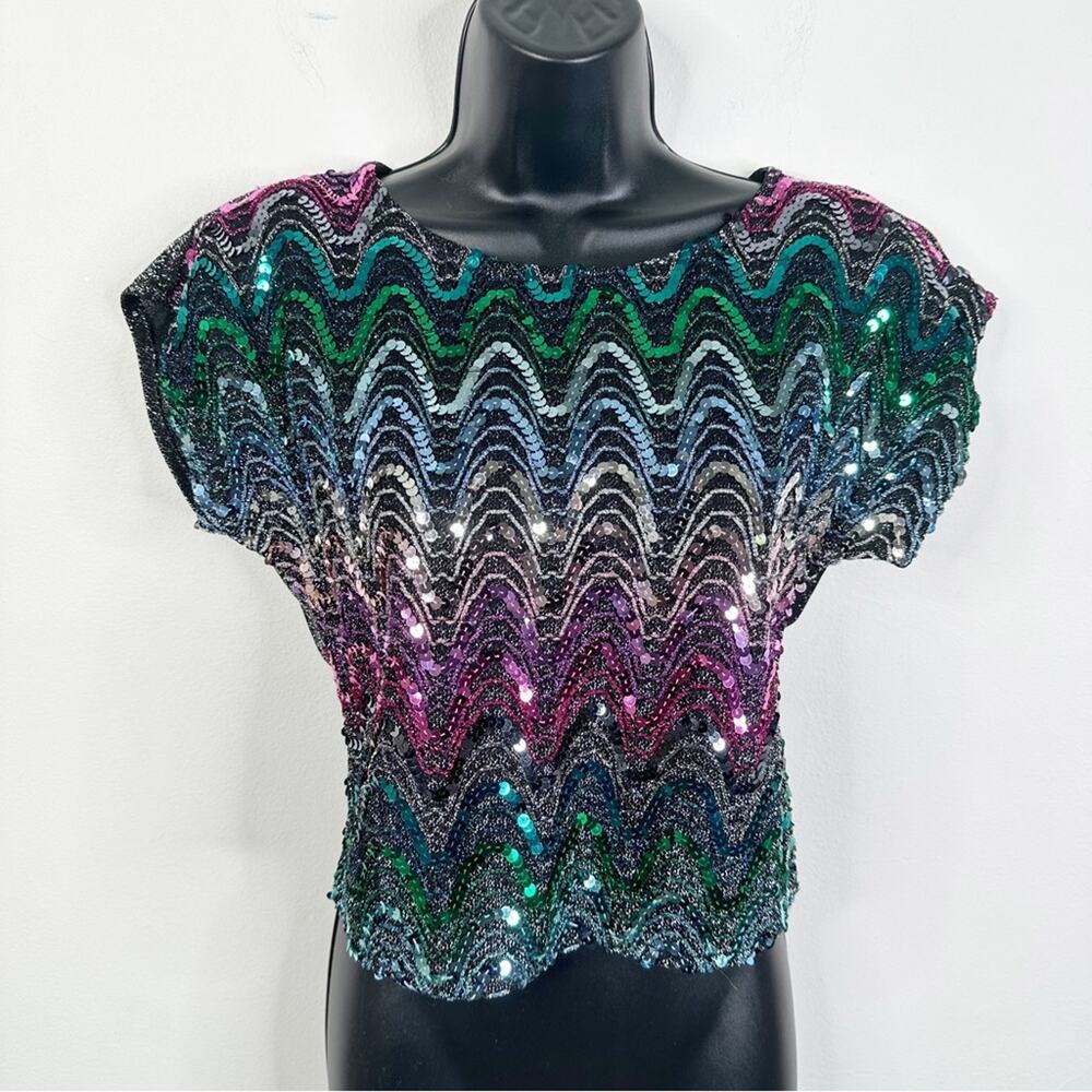 Vintage Rio Blouse Rainbow Sequin Shimmer Short Sleeve Shirt Size Small